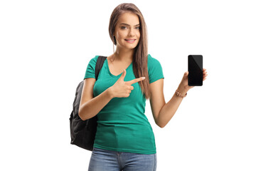 Casual young woman with a backpack showing a smartphone