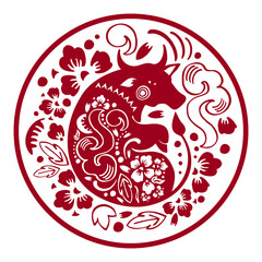 Chinese New Year 2021 design template. The Year of the Ox. Vector ornate papercut silhouette illustration with cow and flowers in circle