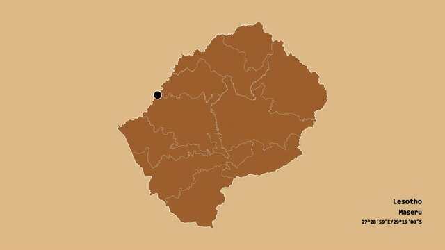 Berea, district of Lesotho, with its capital, localized, outlined and zoomed with informative overlays on a solid patterned map in the Stereographic projection. Animation 3D