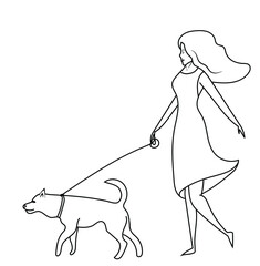 A girl walks with a dog drawn in black vector line. Stock illustration isolated on white background. Icon dog walking in black and white line art. Can be used for print, sign, blog or cover.