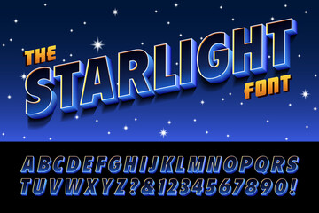 The Starlight Font is a 3d Effect Alphabet in Deep Blues and Black, with Color Effects of Being Lit Up By Nighttime Hues