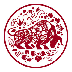 The Year of the Ox. Chinese New Year 2021. Vector ornate papercut silhouette illustration with cow and flowers in circle