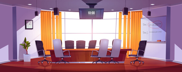 Conference room for business meetings, presentation for team, discussion or training. Vector cartoon interior of empty boardroom in company office with table, chairs, screen and board