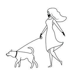 Quarantine dogs in black vector line. Stock illustration isolated on white background. One young thin girl in a medical mask and gloves walks a dog during the Covid-19 pandemic, away from people