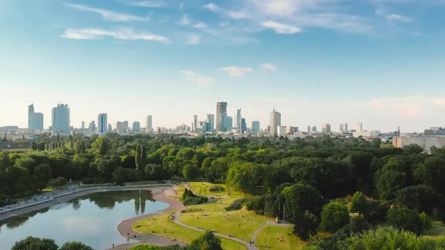 Pole Mokotowskie Warsaw Park field with lake and city aerial view