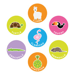 South American wild animals collection. Set of 7 cartoon characters in the circle with name labels. Vector illustration
