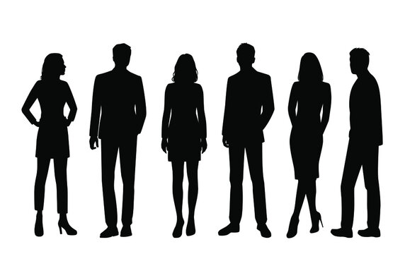 Set of vector silhouettes of  men and a women, a group of standing business people, black color isolated on white background
