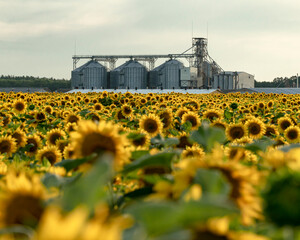 sunflower field on the background of the elevator
