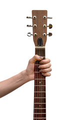 Woman's hand holding guitar. Isolated on white. Close up.