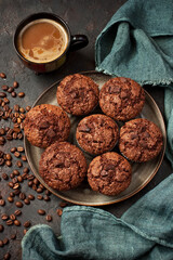 Chocolate  muffins  with  cup of coffee,  flat lay