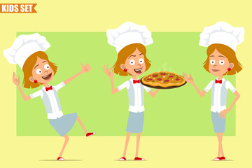 Cartoon flat funny little chef cook girl character in white uniform and baker hat. Kid carrying pizza with salami and showing okay sign. Ready for animation. Isolated on olive background. Vector set.