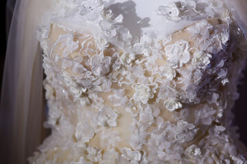 Corset of the bride's wedding dress close-up, fabric with lace and clasp