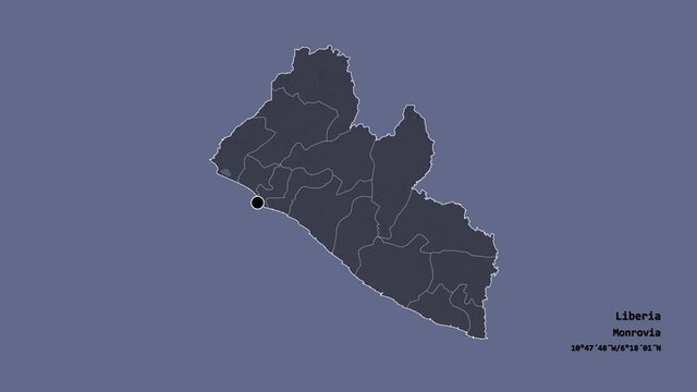 Nimba, county of Liberia, with its capital, localized, outlined and zoomed with informative overlays on a administrative map in the Stereographic projection. Animation 3D