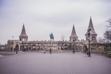 Saint Istvan statue and fisherman's bastion in Budapest, Hungary