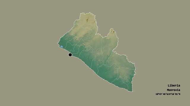 River Cess, county of Liberia, with its capital, localized, outlined and zoomed with informative overlays on a relief map in the Stereographic projection. Animation 3D
