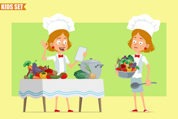 Cartoon flat funny little chef cook girl character in white uniform and baker hat. Kid reading note and cooking food from vegetables. Ready for animation. Isolated on olive background. Vector set.