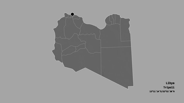 Al Butnan, district of Libya, with its capital, localized, outlined and zoomed with informative overlays on a bilevel map in the Stereographic projection. Animation 3D