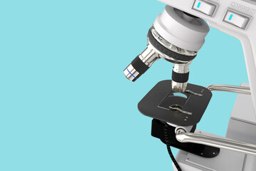96 MPx high resolution images of lab microscope with fictive design isolated on blue - 3d illustration of object, chemistry discovery concept