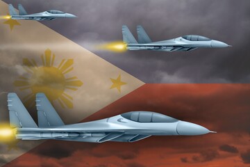 Philippines air forces strike concept. Air planes attack on Philippines flag background. 3d Illustration