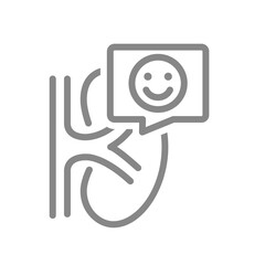 Kidney with happy face in chat bubble line icon. Healthy organ for filtering blood symbol