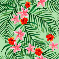 Tropical vector seamless background. Jungle pattern with exitic flowers, and palm leaves. Stock vector. Jungle vector vintage wallpaper