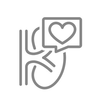 Kidney with heart in chat bubble line icon. Healthy organ for filtering blood symbol