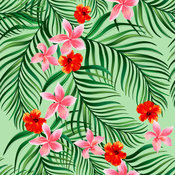 Tropical vector seamless background. Jungle pattern with exitic flowers, and palm leaves. Stock vector. Jungle vector vintage wallpaper © Logunova Elena