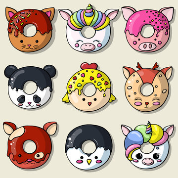 Glazed cute doughnut animals set. Isolated donuts with glaze and bite
