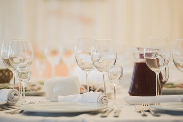Beautiful wine and champagne glasses in the restaurant.