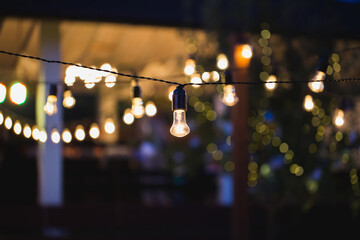 outdoor string lights hanging on a line in backyard - Powered by Adobe