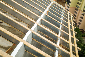 Stainless steel roof structure for future roof under construction. Development of metal roofing...