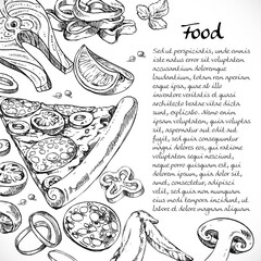 Background for your text with doodles on the subject of food - pizza, vegetables, seafood