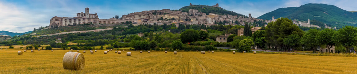 Fototapeta na wymiar A panorama view across a field of hay towards the hill town of Assisi, Umbria, Italy in the summertime