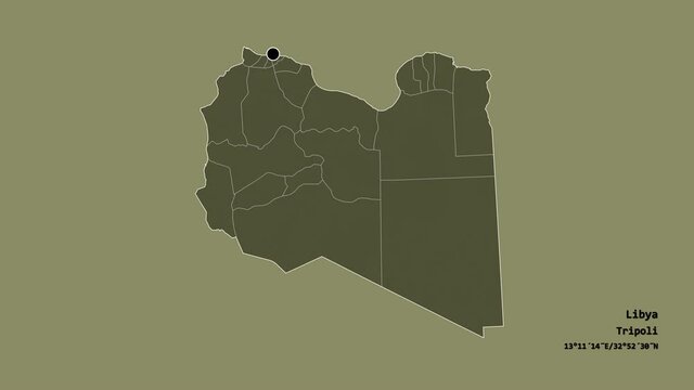 Sabha, district of Libya, with its capital, localized, outlined and zoomed with informative overlays on a administrative map in the Stereographic projection. Animation 3D
