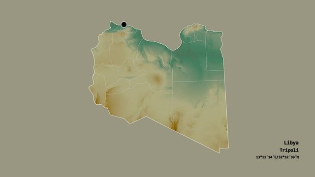 Sabha, district of Libya, with its capital, localized, outlined and zoomed with informative overlays on a relief map in the Stereographic projection. Animation 3D