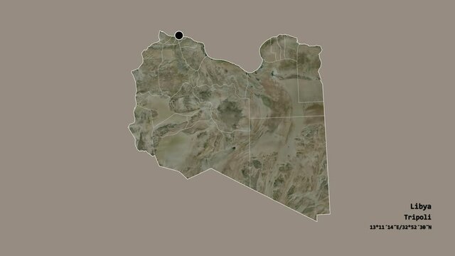 Sabha, district of Libya, with its capital, localized, outlined and zoomed with informative overlays on a satellite map in the Stereographic projection. Animation 3D