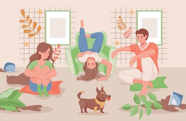 Happy family spending time together at home or garden vector flat illustration. Mother, father, and daughter transplanting flowers, or domestic pets, cat, and dog dropped flower pots.
