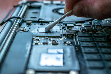Motherboard service. Technology hardware repair and electronic computer maintenance from technician engineer man. Support pc equipment.