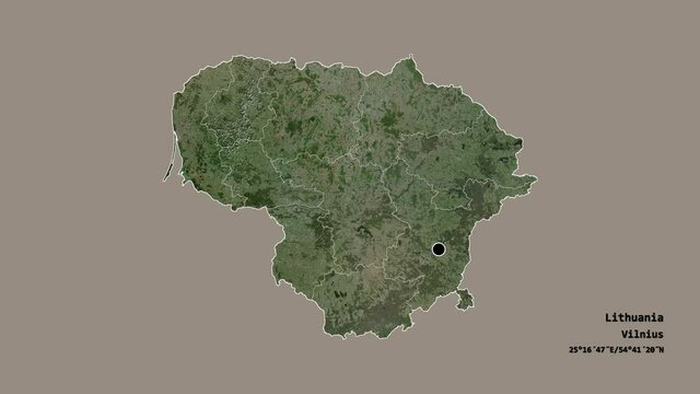 Alytaus, county of Lithuania, with its capital, localized, outlined and zoomed with informative overlays on a satellite map in the Stereographic projection. Animation 3D
