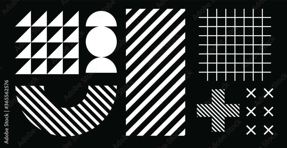 Poster Set of abstract universal geometric elements and shapes for design. Futuristic neo-memphis composition on dark background. Vector illustration.