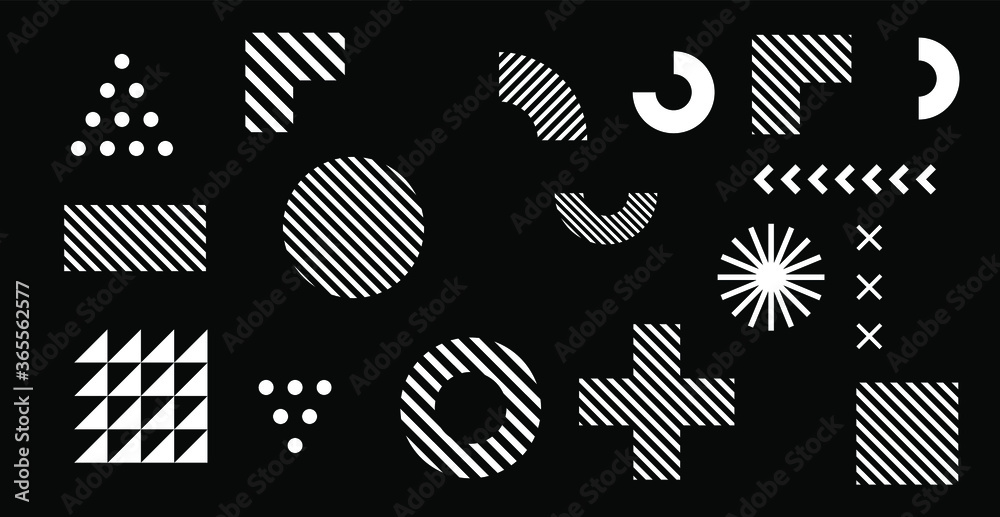 Poster Set of abstract universal geometric elements and shapes for design. Futuristic neo-memphis composition on dark background. Vector illustration.