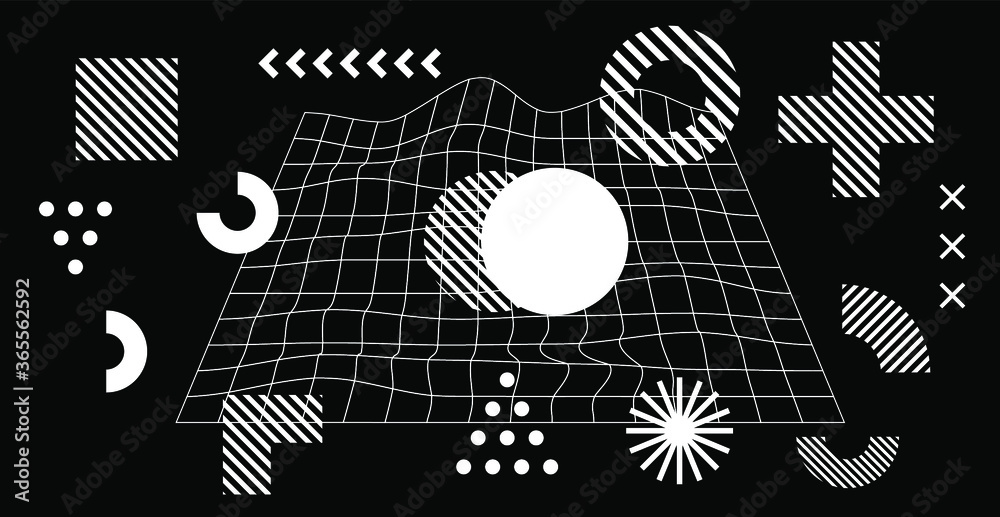 Poster Set of abstract universal geometric elements and shapes for design. Futuristic neo-memphis composition on dark background. Vector illustration.