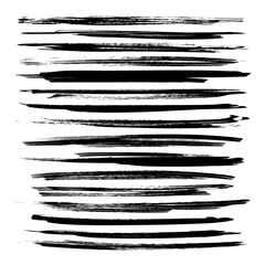 Black textured long dry paint strokes set isolated on white backckground