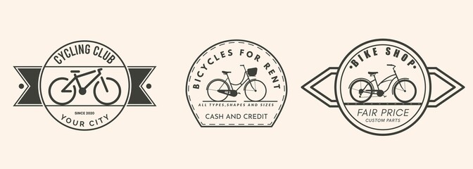 Bicycle club and shop typography labels. Rent and repairs badges vector illustration.
