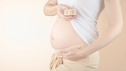 Pregnant young woman with pregnancy week number next to her belly. Photos of belly growth at 17...