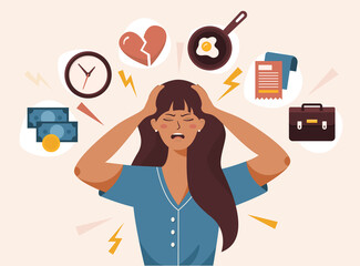Flat vector illustration of woman with open mouth, clutching at head with both hands. She suffers from headache, panic, fright, depression. Stress, irritation factors, housekeeping, overwork, badmood