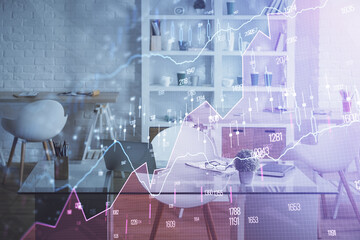 Double exposure of financial graph drawing and office interior background. Concept of stock market.