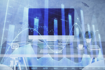 Multi exposure of financial graph drawing and office interior background. Concept of market analysis.