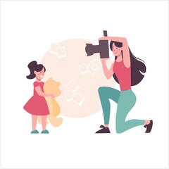 Mother photographs her little daughter with a teddy bear. A woman photographs a child on a camera with a flash. Cartoon characters young girl with a child. Vector, flat style, isolated.
