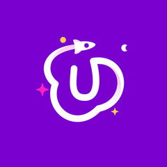 Logo template letter U with planets, rocket launch and stars.